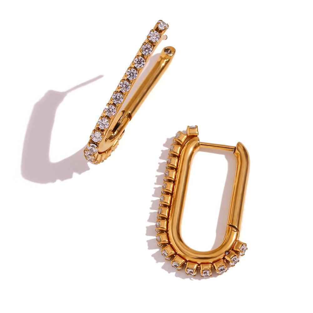 Pendientes de acero inoxidable en forma de U, de estilo oficina, a la moda, con chapado en oro de 18 quilates y detalle de borde de circonitas.