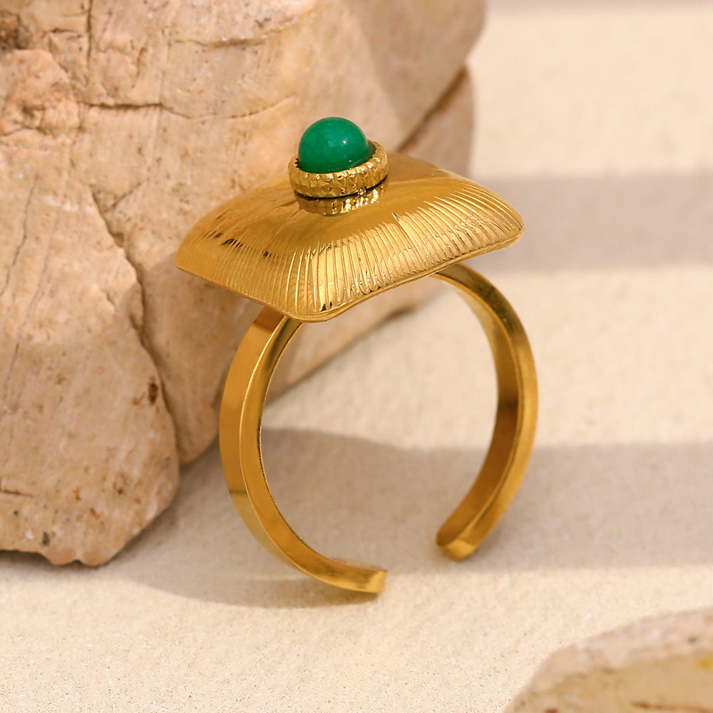 Vintage Geometric Stainless Steel Ring with 18K Gold Plating and Emerald Green Accent for Women