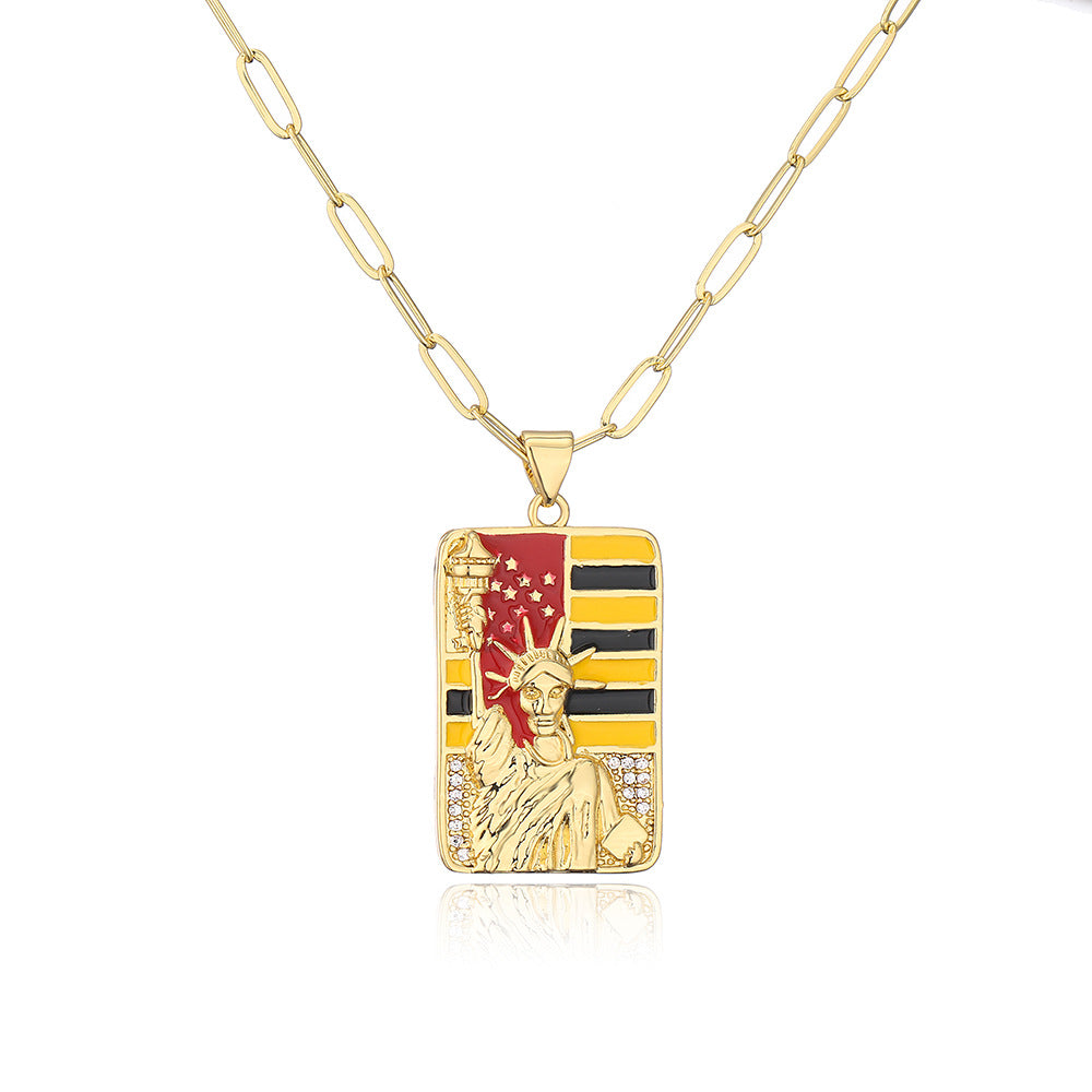 Minimalist Square Liberty Goddess Pendant Necklace for Women with Copper Base Plated in Real Gold and Enamel Finish with Micro-Pave Zirconia