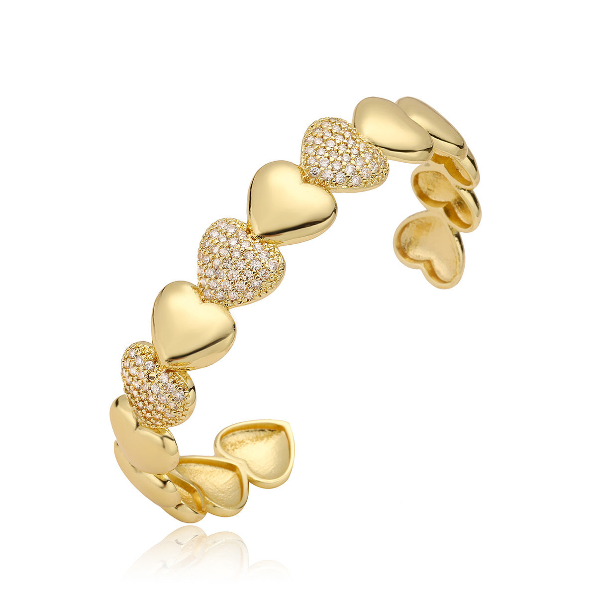 Minimalist Luxury 18K Gold Plated Brass Heart Cuff with Cubic Zirconia for Women