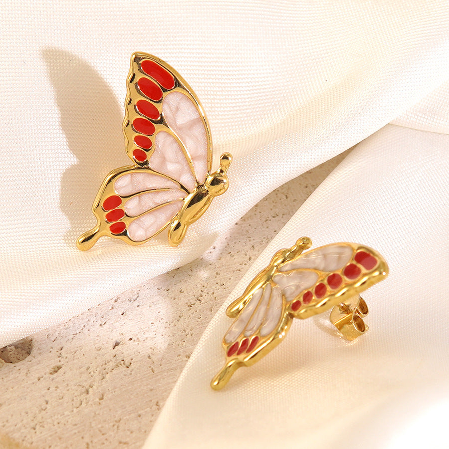 Sweet Minimalist Butterfly Drip Oil Stainless Steel Earrings for Women