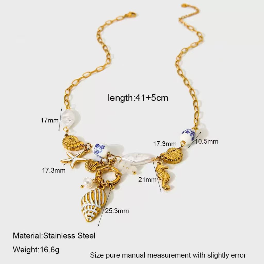 Collana casual con ciondolo di animali vegetali in acciaio inossidabile, gioielli da spiaggia estivi placcati in titanio per donna