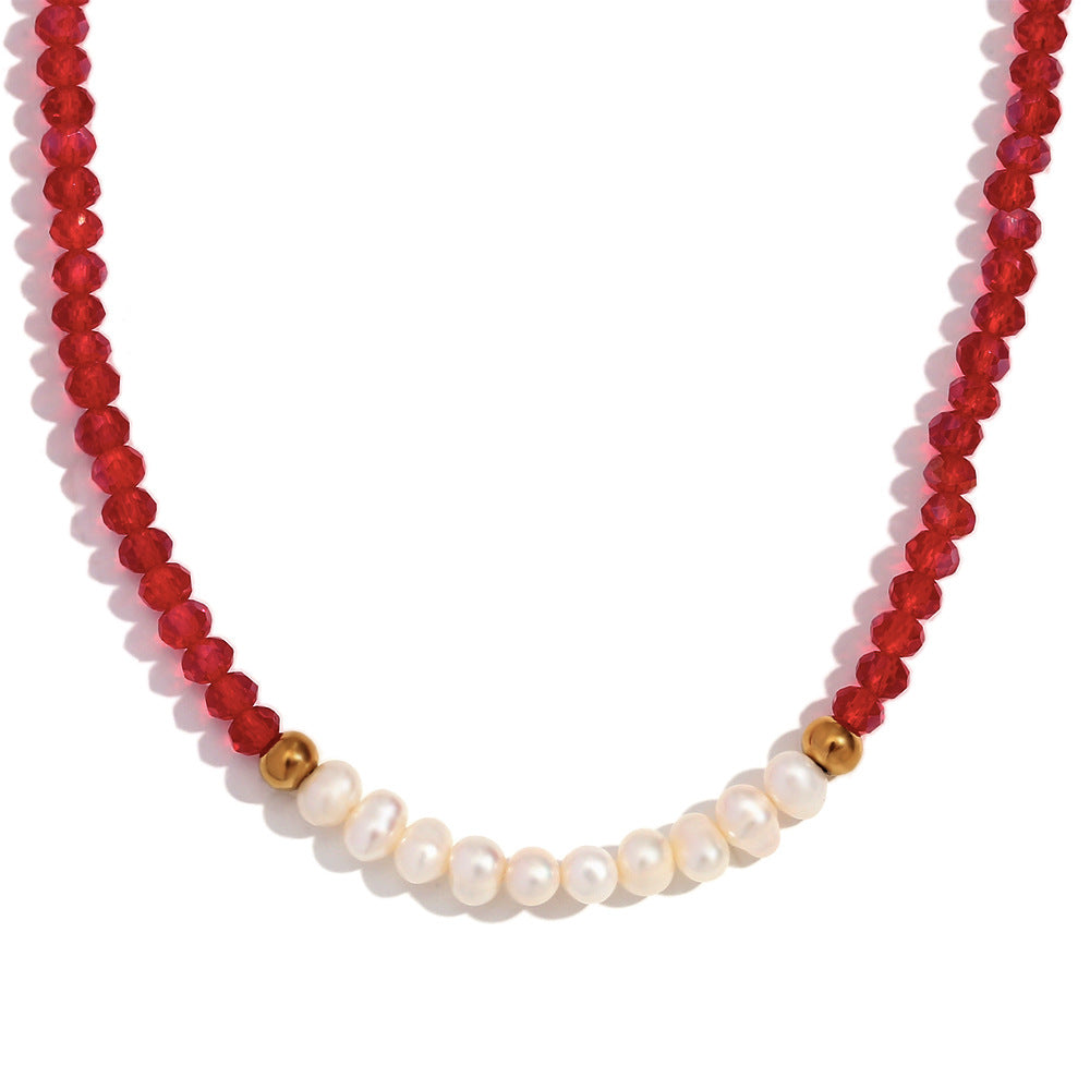 Collar con colgante geométrico de estilo vintage para mujer, cadena de acero inoxidable con diez perlas de agua dulce y cuentas de cristal facetado rojo