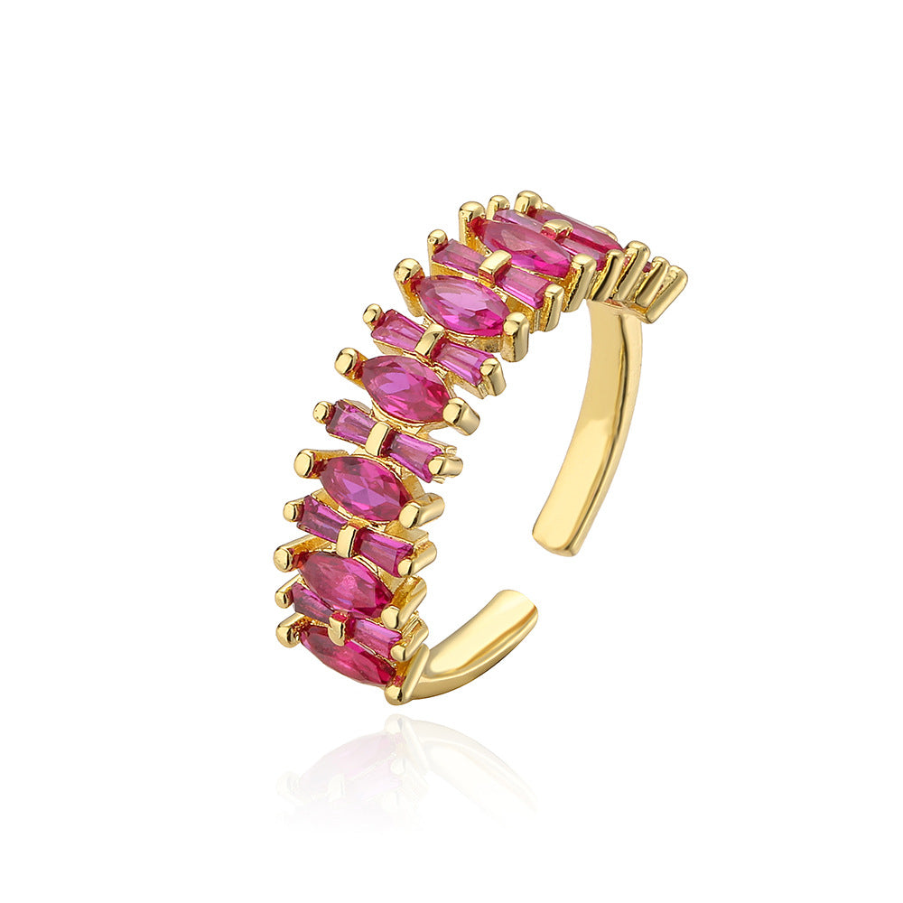 Geometric Open Ring for Women in Copper with 18K Gold Plating and Rainbow Zircon Inlay