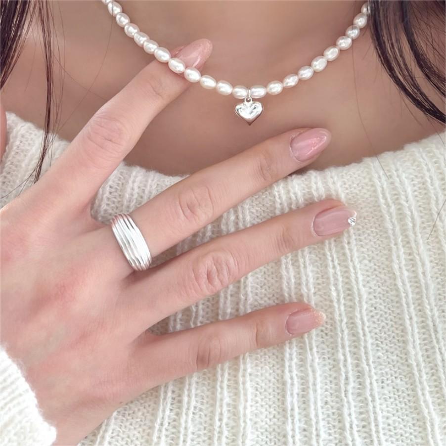 Minimalist Geometric Grid Pattern Heart-Shaped 925 Sterling Silver Adjustable Ring for Women