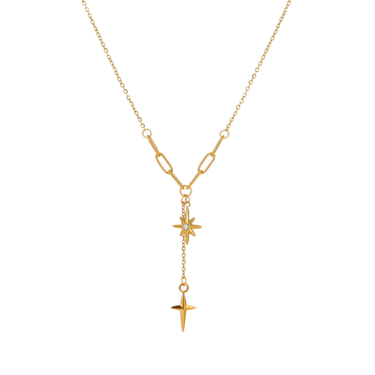 Minimalist Clavicle Necklace with Eight-Pointed Star Pendant, Rhinestone Inlay, Stainless Steel, Plated Finish, Tassel and Cross Accents
