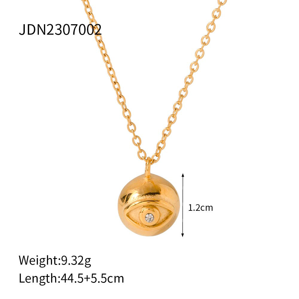 Ins Style Geometric Evil Eye Round Ball Pendant Necklace in Titanium Steel with 18K Gold Plated Stainless Steel Beaded Chain for Women