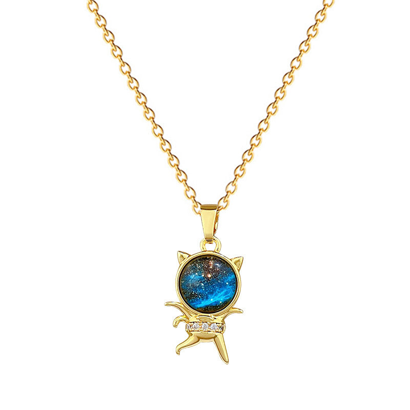 Cartoon Style Starry Sky Cat Pendant Necklace for Women in Titanium Steel with Rhinestone Inlay, Delicate Clavicle Chain