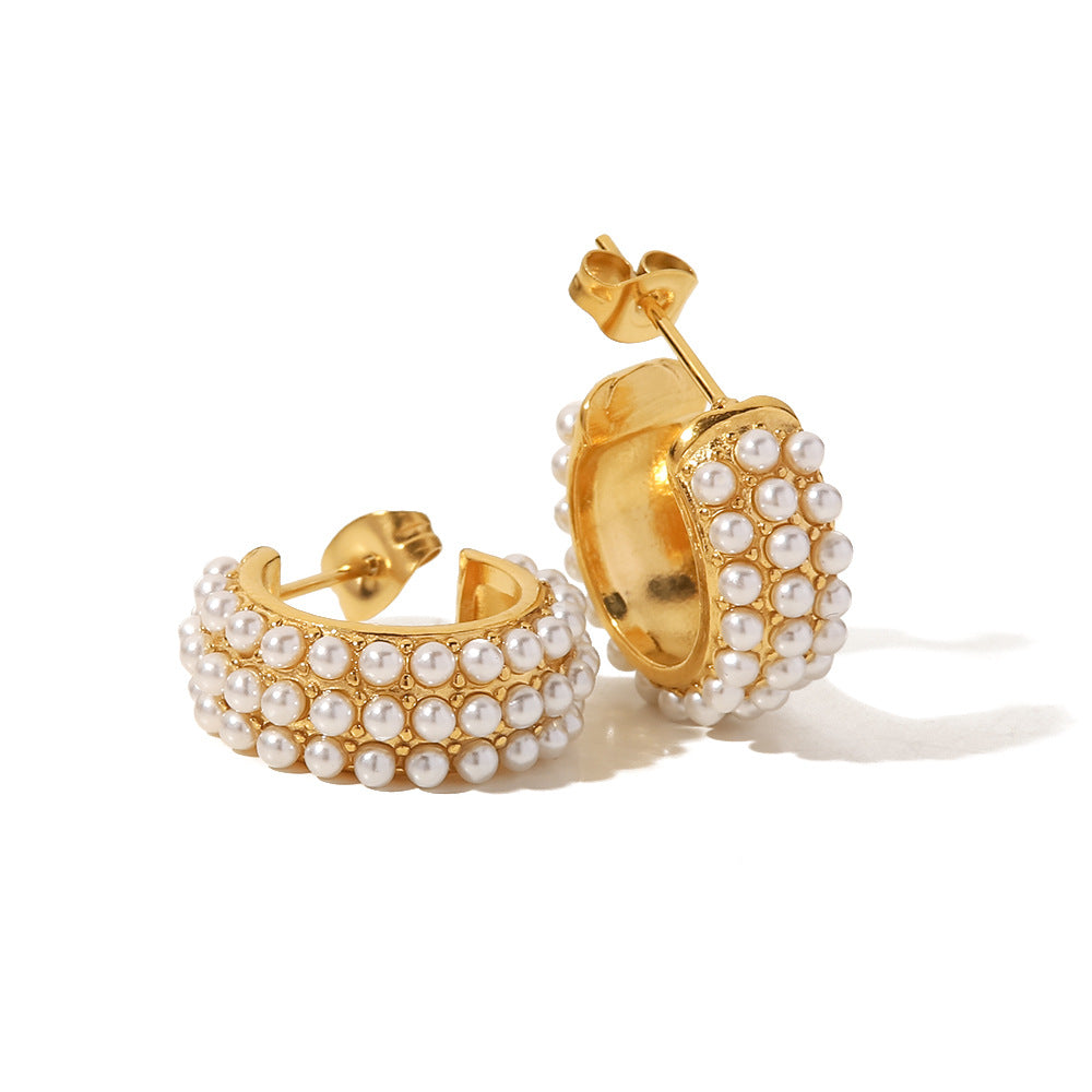 Pendientes Minimalistas Geométricos de Acero de Titanio con Chapado en Oro de 18K e Incrustaciones de Perlas Blancas para Mujer