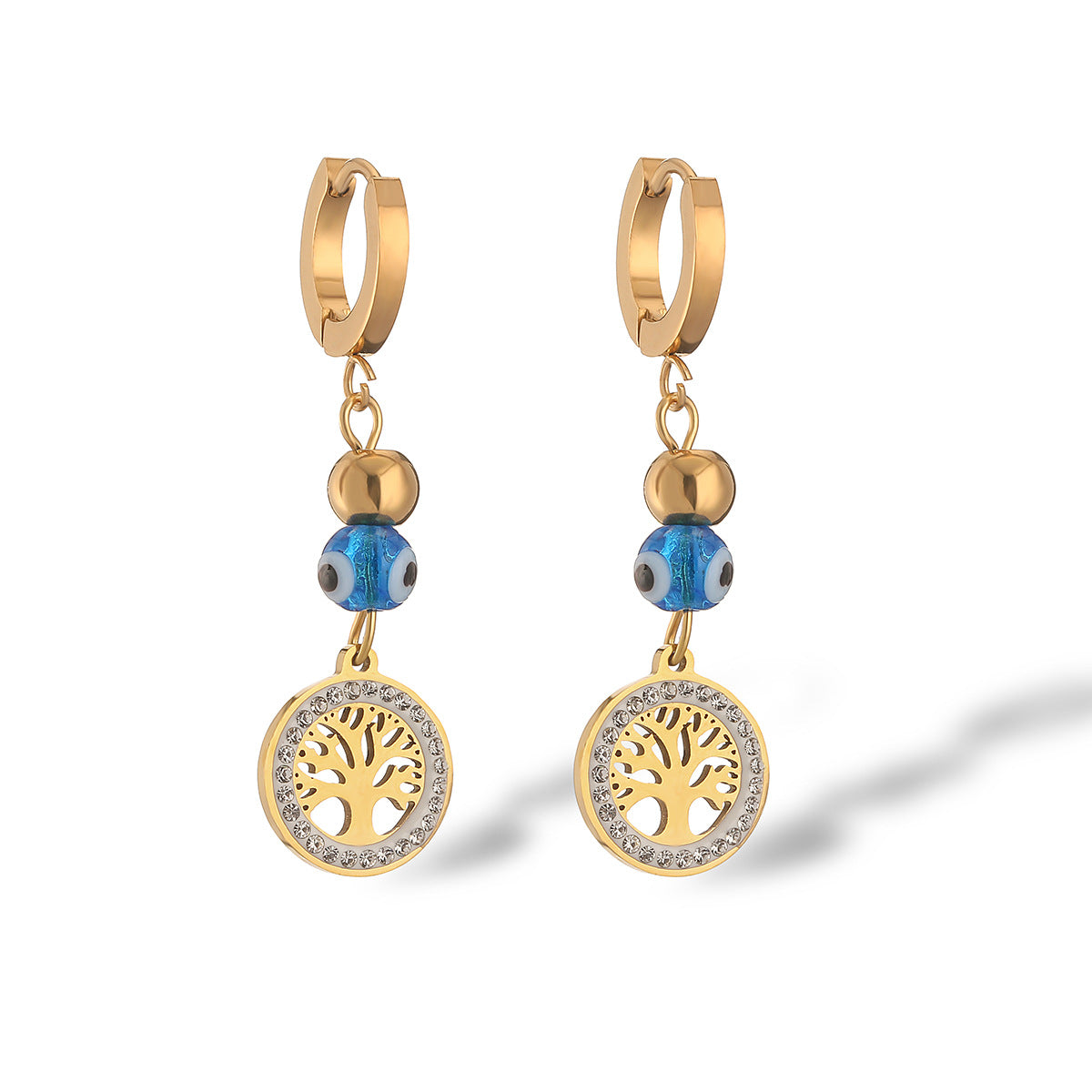 Orecchini da donna minimalisti geometrici in acciaio al titanio placcato oro con zirconi a forma di albero