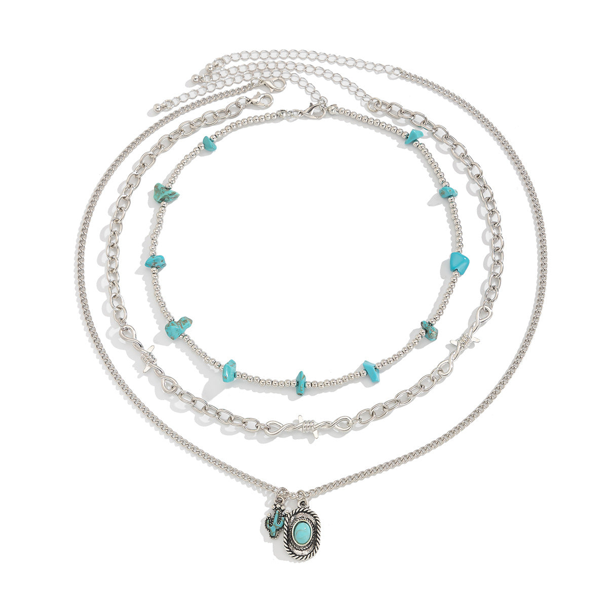 Vintage Bohemian Turquoise Cactus Pendant Alloy Plated Necklace for Women