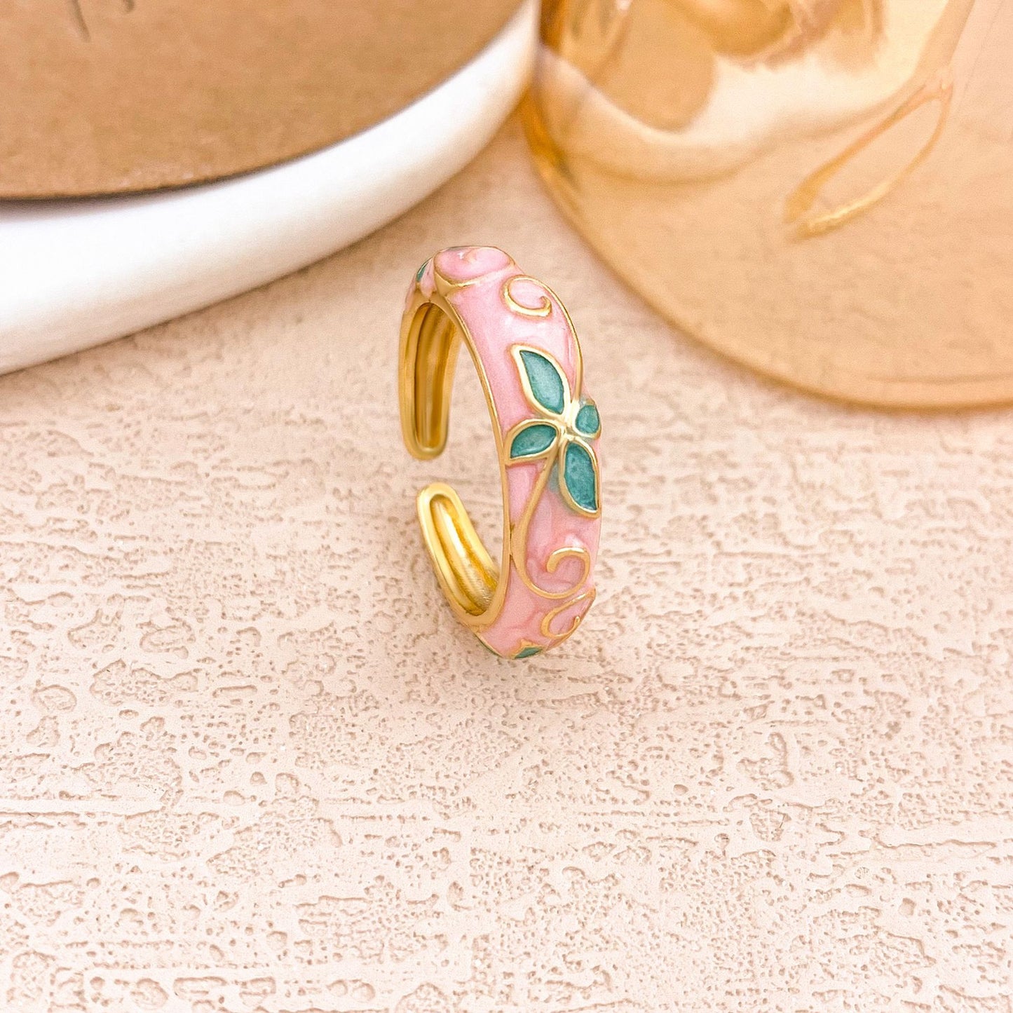 Luxury Elegant Floral Enamel Drip Oil Plated Alloy Round Ring for Women