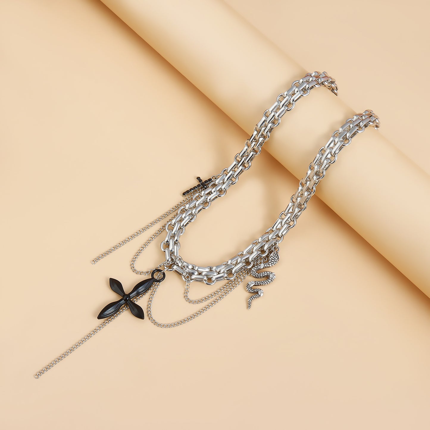 Dark Gothic Cross Pendant Necklace for Women with Geometric U-Shaped Alloy Charm, Electroplated Snake Chain Collar Necklace