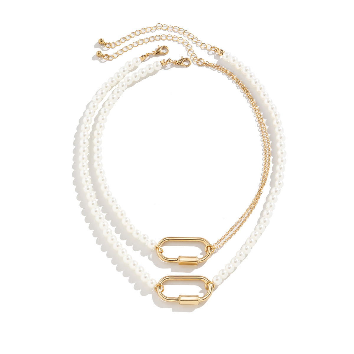 Minimalist Elegant Geometric Double Ring Faux Pearl Plated Alloy Ball Chain Necklace for Women