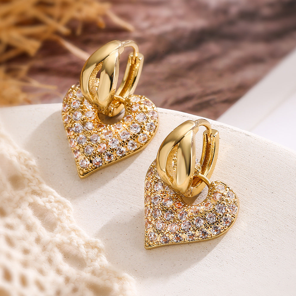 Orecchini Pendenti Minimalisti a Cuore in Rame con Zirconi per Donna, Gioielli Eleganti e Versatili Leggeri di Lusso