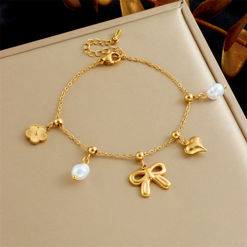 Fashion Elegant Heart Bow Drip Oil Pearl Stainless Steel Bracelet