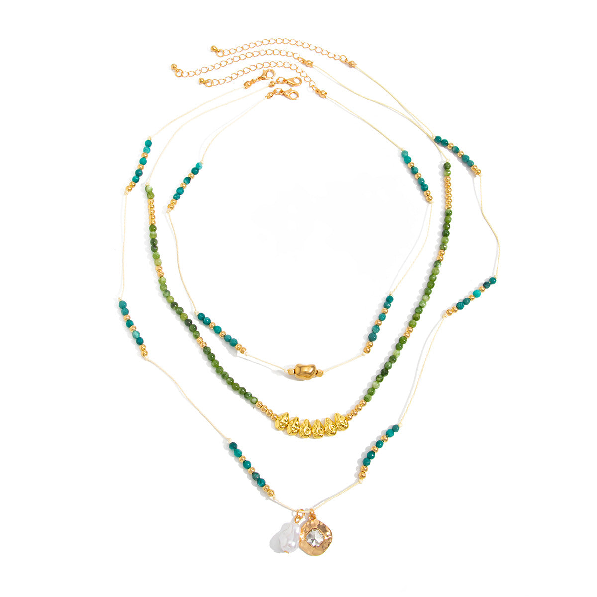 Sweet Bohemian Geometric Oval Glass Beaded Baroque Pearl Pendant Layered Necklace for Women