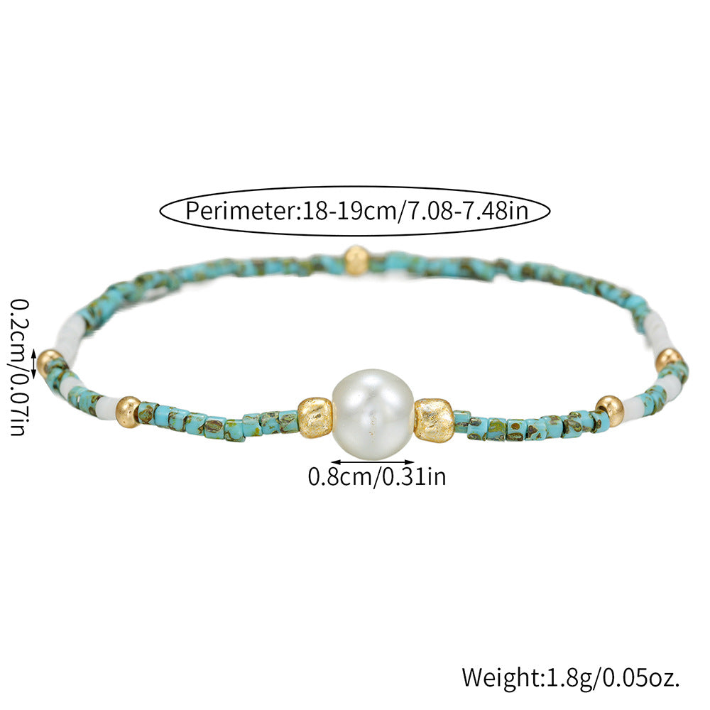 Bohemian Sweet Camouflage Geometric Round Glass Pearl Brass Beaded Bracelet for Women