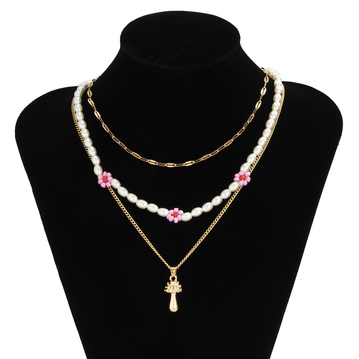 Collar con colgante de seta floral rústico para mujer con construcción de aleación, acabado chapado y delicada cadena de cuentas