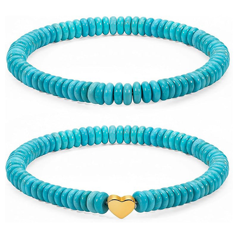 Vintage Natural Stone Agate Turquoise Heart Round Beaded Stretch Bracelet for Women