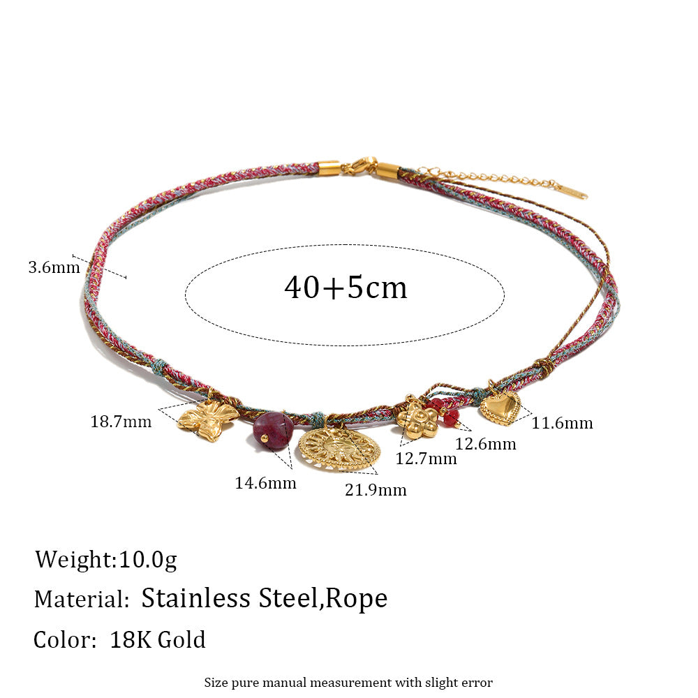 Collana con ciondolo minimalista retrò a forma di sole in acciaio inossidabile con placcatura in oro 18 carati su cordino di cotone