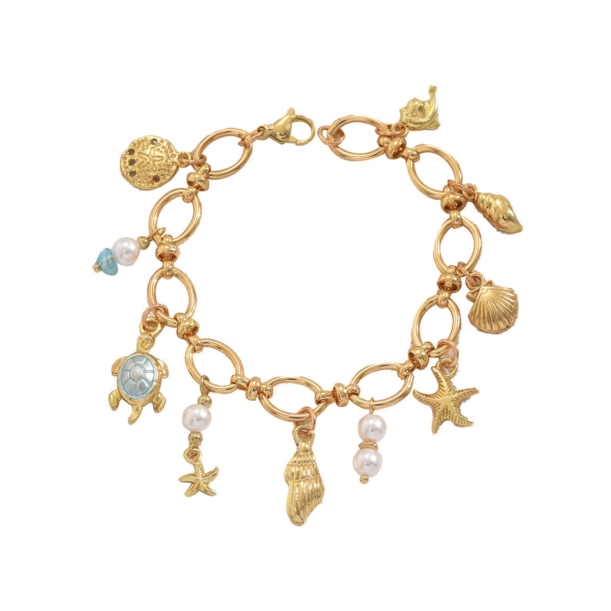 Ocean-Themed Turtle and Seashell Pendant Bracelet for Women with Pearl Inlay and Copper Construction