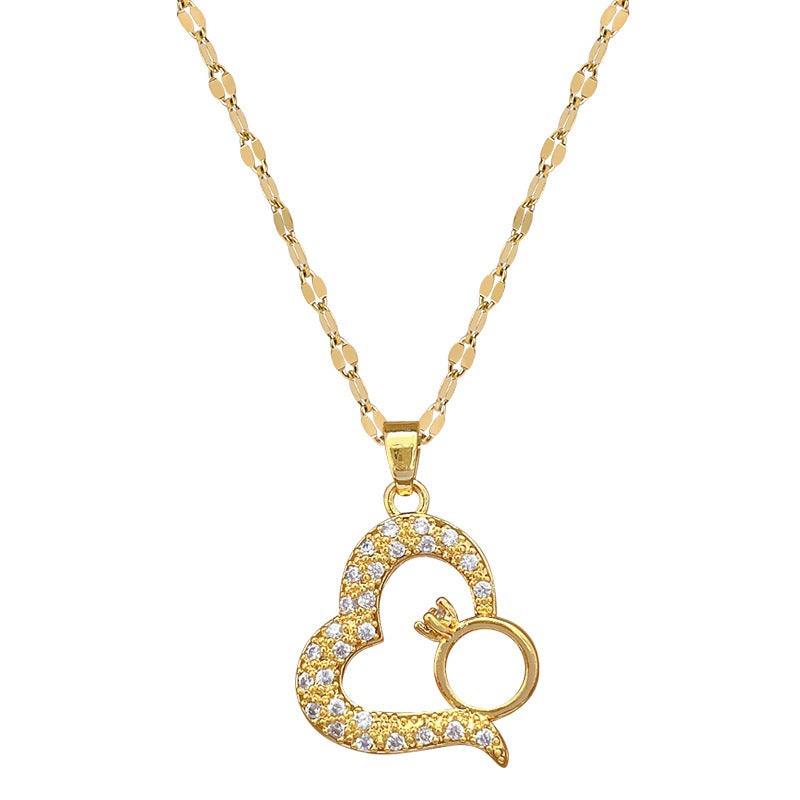 Collana con ciondolo a cuore in acciaio al titanio di lusso con intarsio completo di strass per donna, catena regolabile in acciaio al titanio, gioielli eleganti per la clavicola