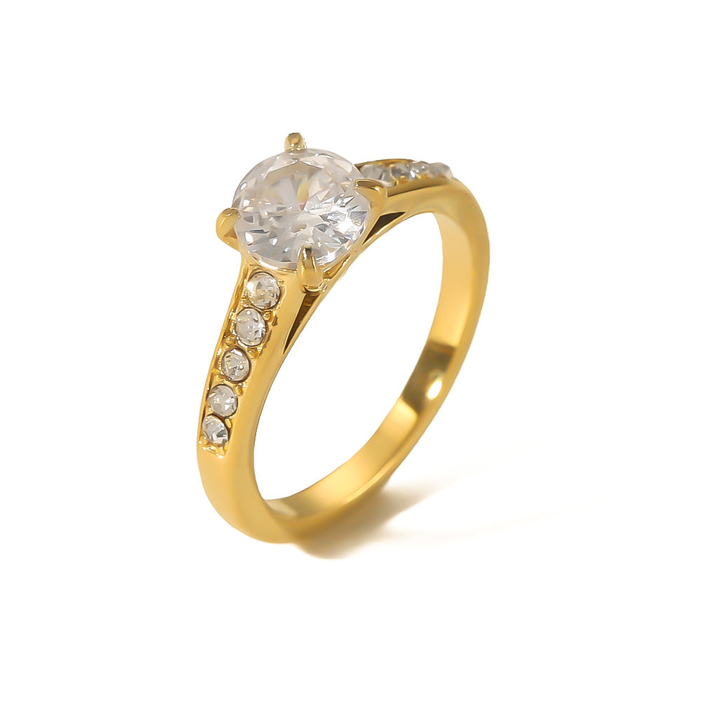 Vintage Geometric Four-Prong Rhinestone Ring 18K Gold Plated Stainless Steel Women's Jewelry