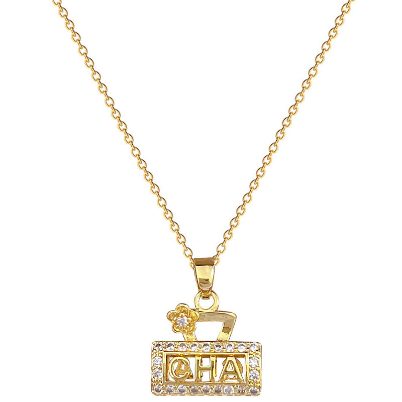 Floral Bag-Shaped Elegant Rhinestone Pendant Necklace for Women with Titanium Steel Chain in Geometric Design