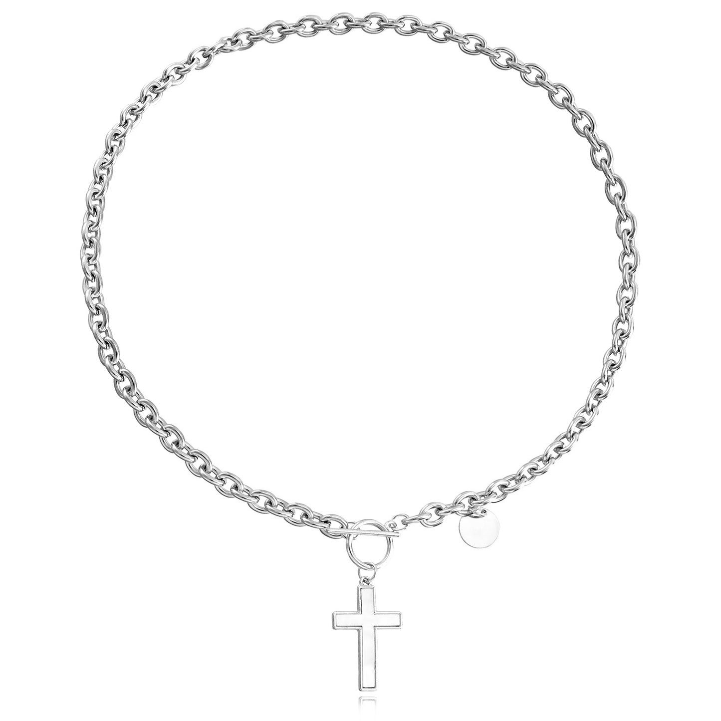 Punk Style Cross Pendant Necklace for Women with Alloy Chain and Mother-of-Pearl Inlay, Geometric Design, Plated Finish, Adjustable Length