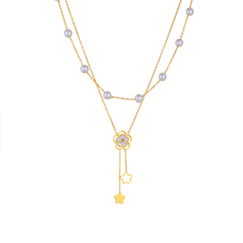 Minimalist Fashion Double-Layer Pearl Flower Pendant Titanium Steel Necklace with Tassel and Chain