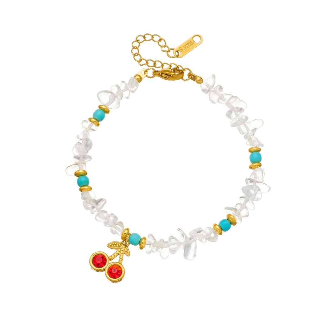 Sweet Stainless Steel Cable Chain Bracelet with Cherry Pendant, Turquoise Chips and Rhinestones
