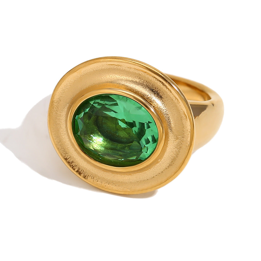 Vintage Style Oval-Shaped Stainless Steel Ring with 18K Gold Plating and Green Zircon Inlay for Women