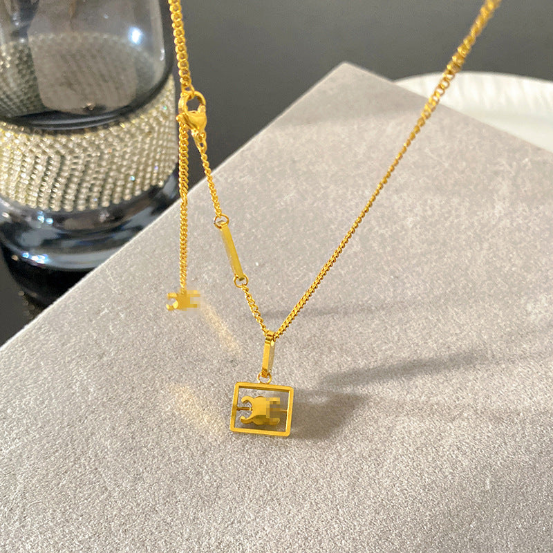 Vintage Geometric Square Hollow Titanium Steel Plated Pendant Necklace with Tassel for Unisex
