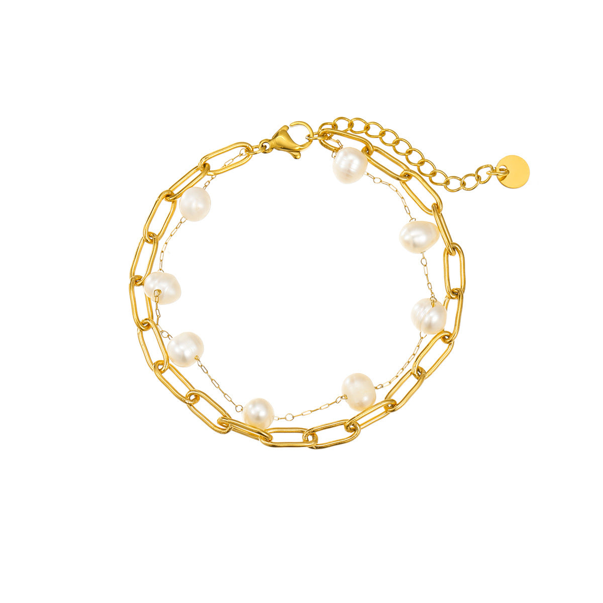 Pulsera de acero inoxidable para mujer, doble capa de acero titanio, dulce, minimalista, adornada con perlas
