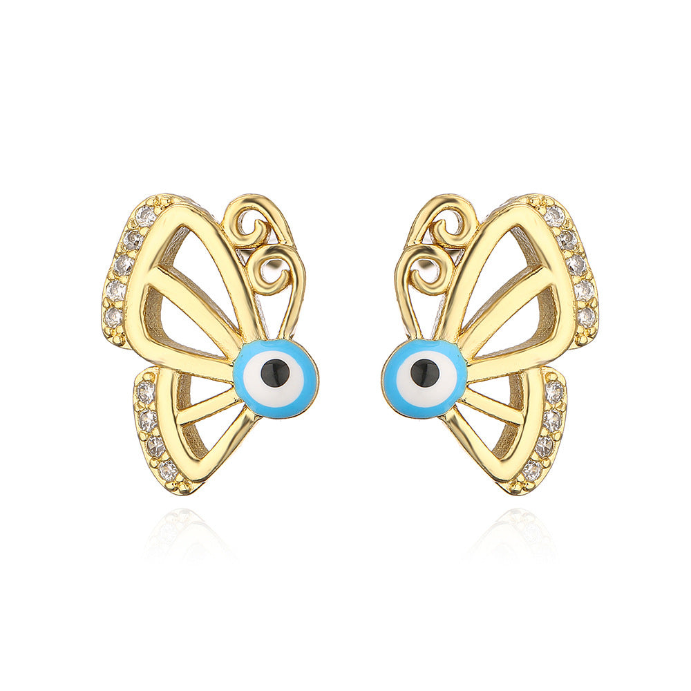 Minimalist Butterfly and Dragonfly Stud Earrings in Copper with 18K Gold Plating and Enamel Finish for Women