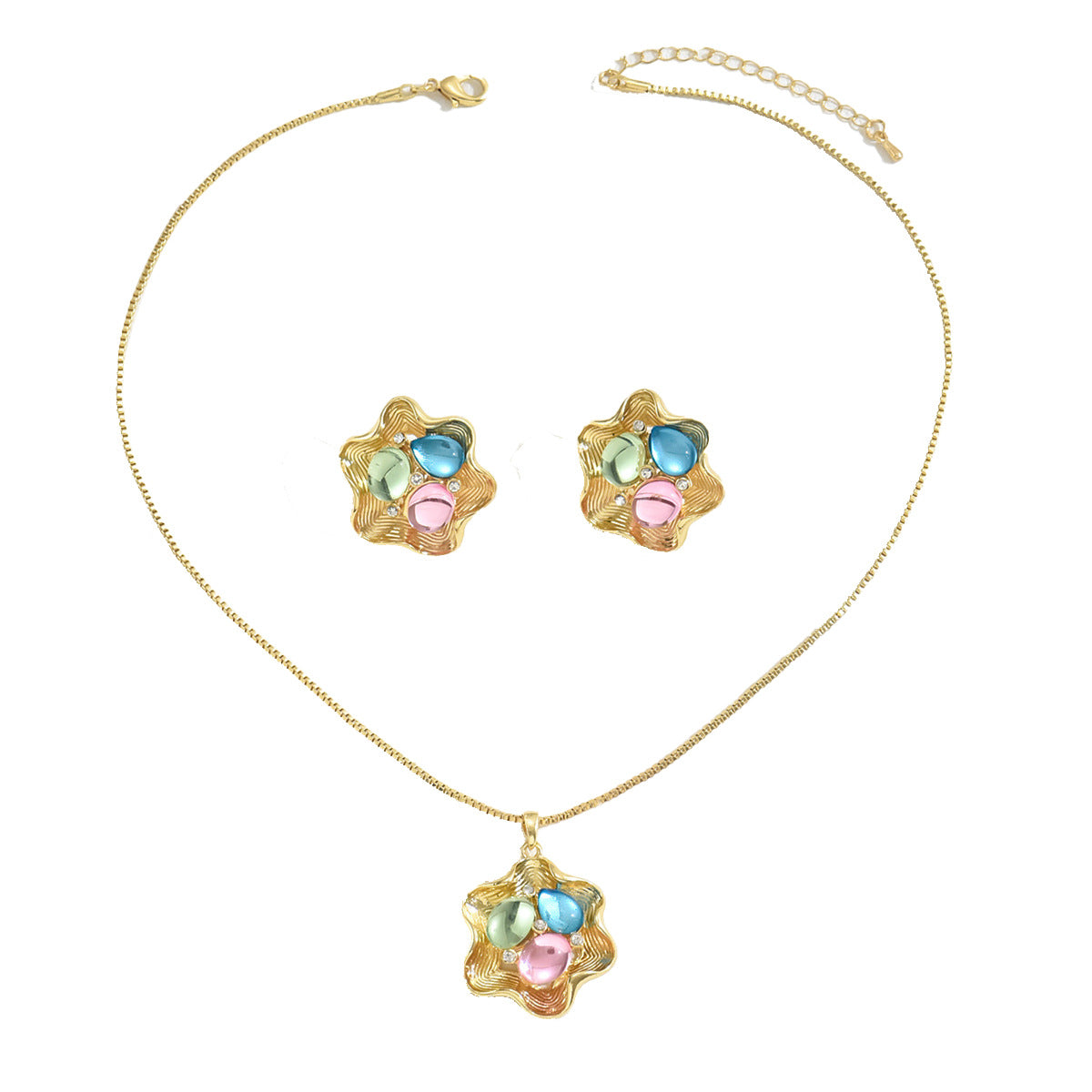 Encantador Conjunto de Collar y Pendientes de Cobre con Diseño Floral de Pétalos para Mujer con Incrustaciones de Diamantes de Imitación Chapados en Oro
