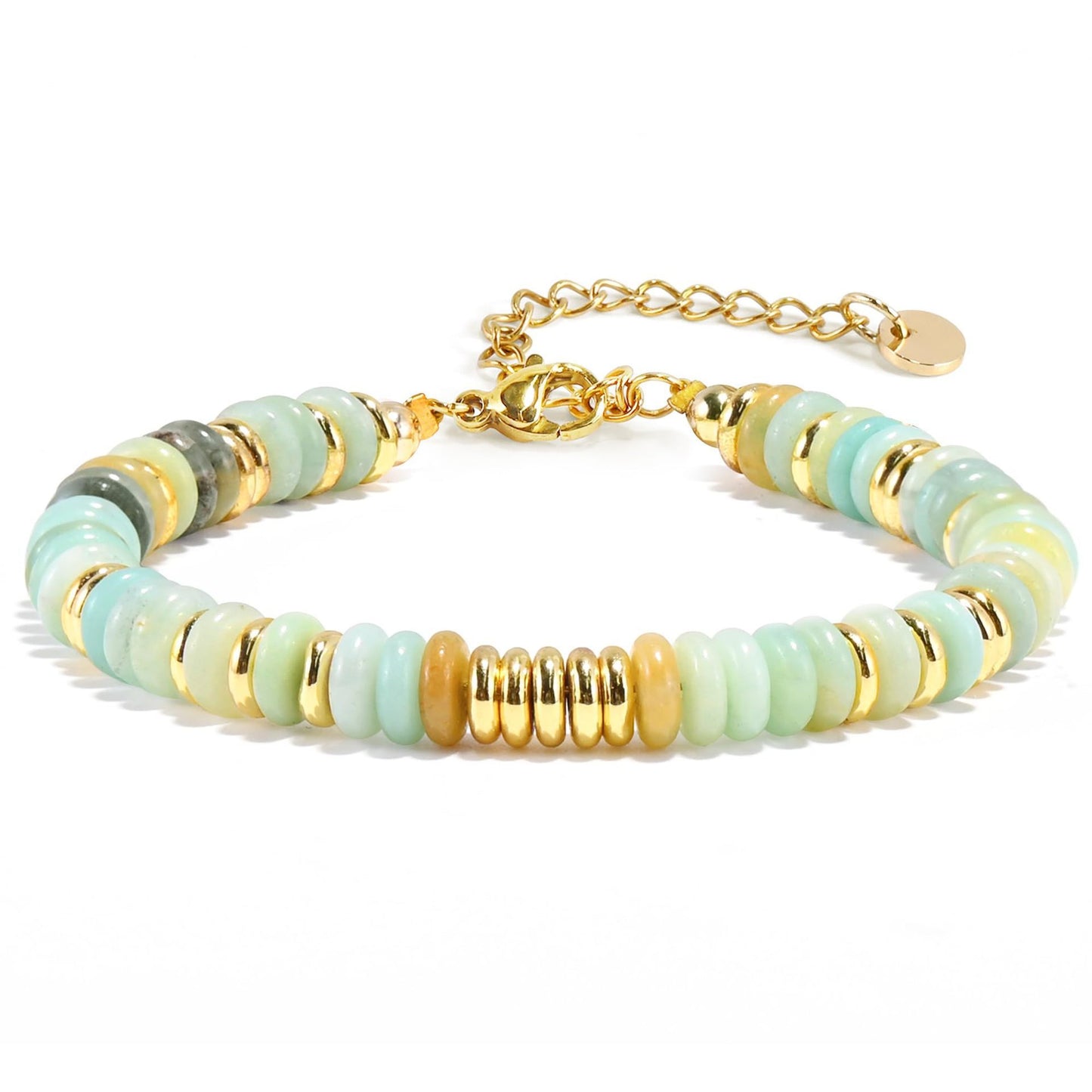 Fashion Geometric Round Natural Gemstone Beaded Bracelet with Gold Spacers and Lobster Clasp Adjustable Unisex Jewelry