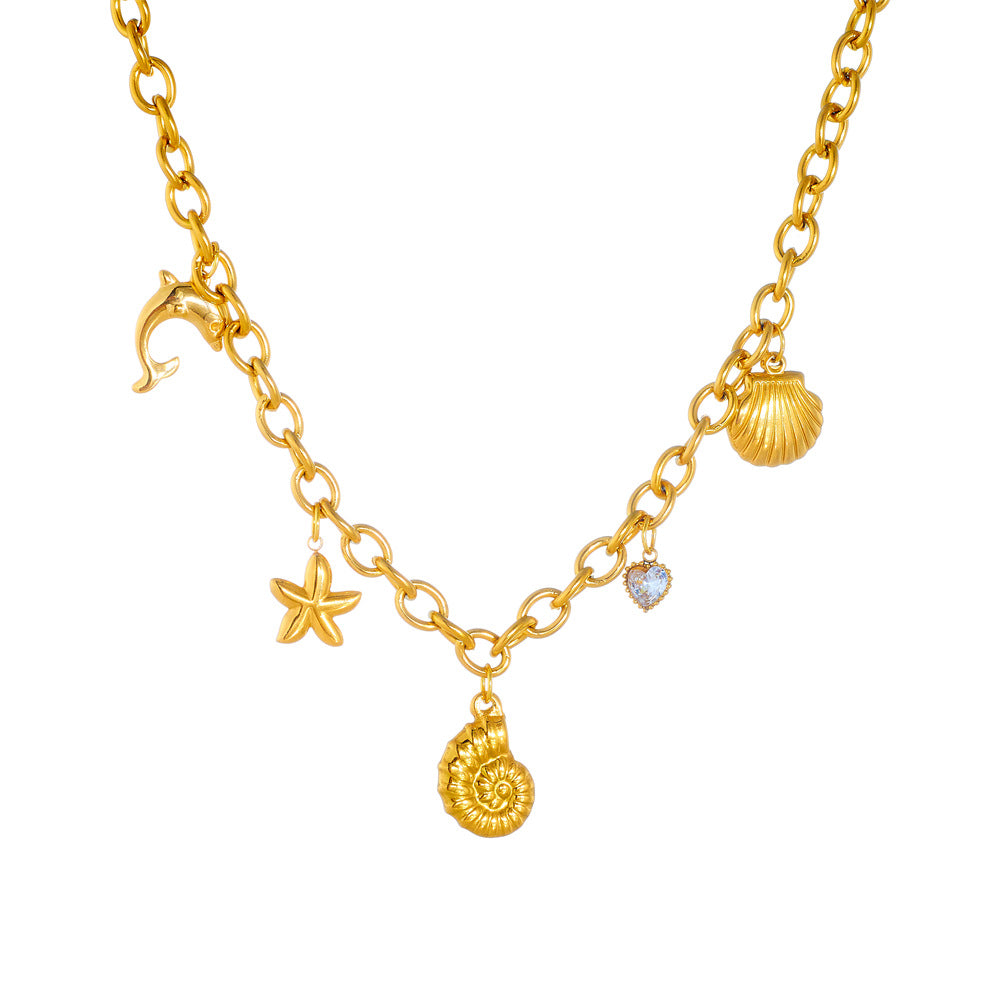Fashion Ocean-Themed Starfish Shell Dolphin Conch Pendant Necklace in Stainless Steel with Plated Finish for Women
