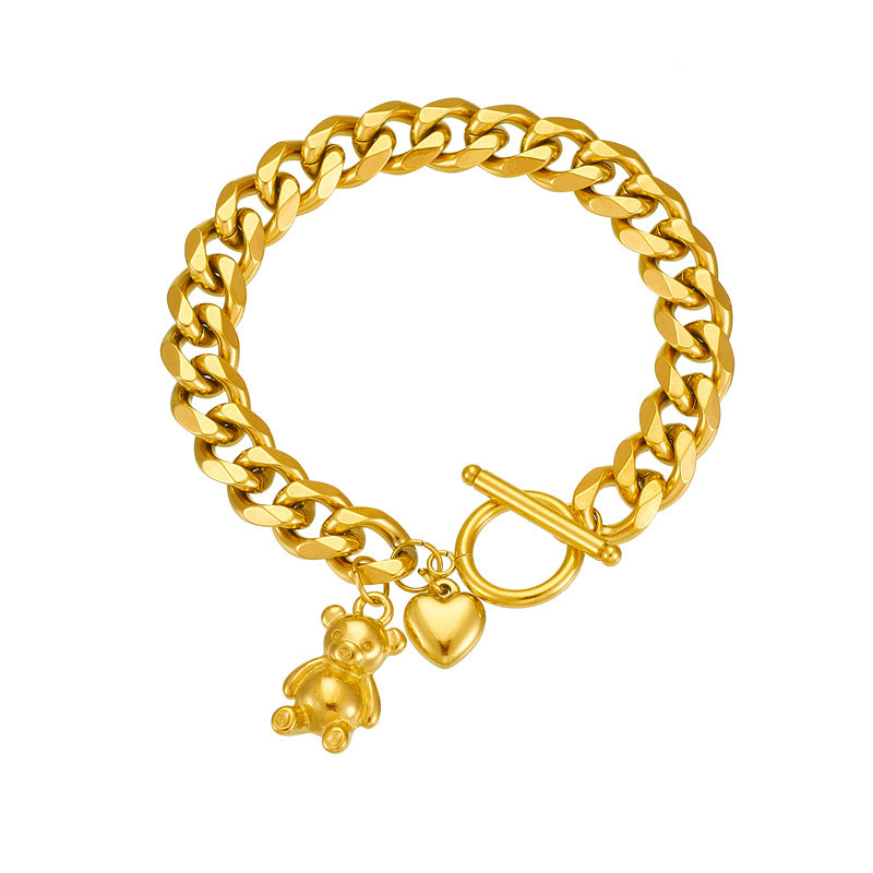 Bracciale da donna placcato oro in acciaio inossidabile con ciondoli a orsetto e cuore e chiusura a moschettone