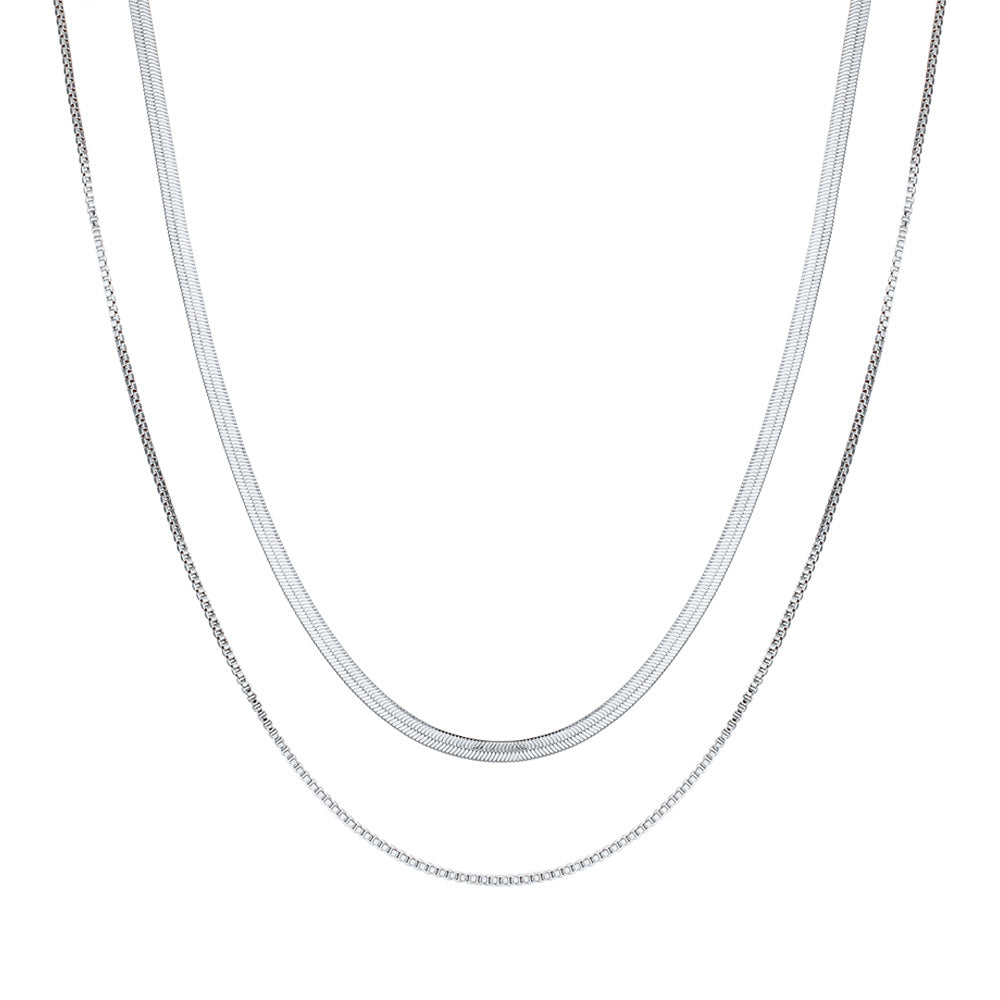 Minimalist Geometric Stainless Steel Plated 18K Gold Double-Layer Flat Snake Chain Necklace for Women