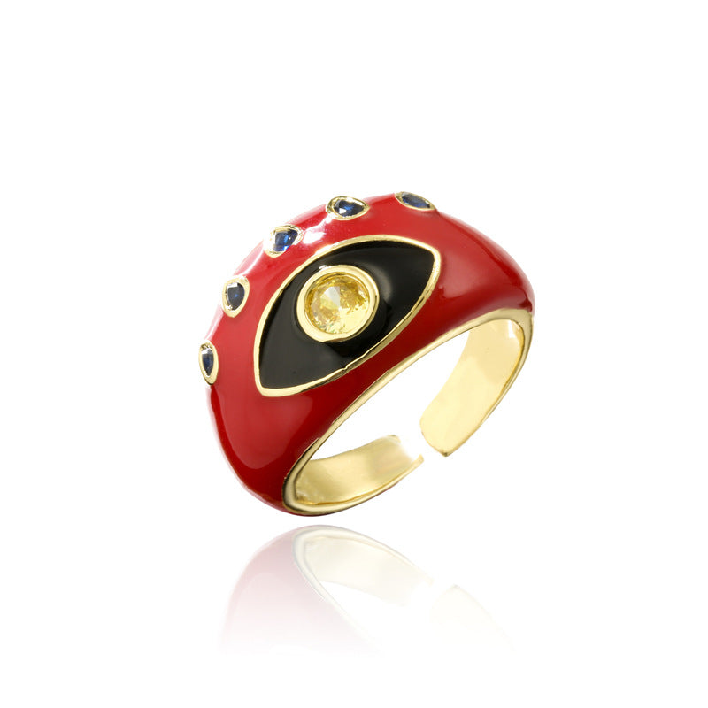 Fashion Geometric Drip Oil Gold Plated Brass Ring with Eye Design for Women