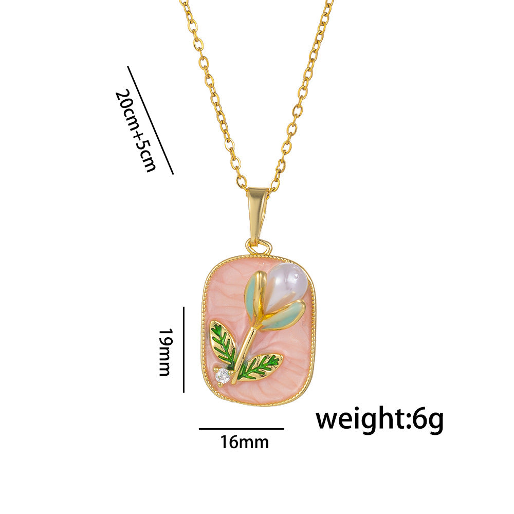 Minimalist Floral Enamel Pendant Necklace for Women and Men Titanium Steel O-Chain with Tulip Rose and Camellia Design
