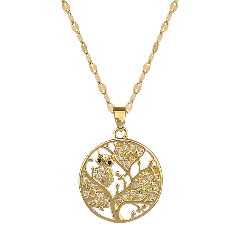 Collana con ciondolo a foglia gufo minimalista per donne e uomini, in acciaio inossidabile, delicata catena clavicola con accenti di strass