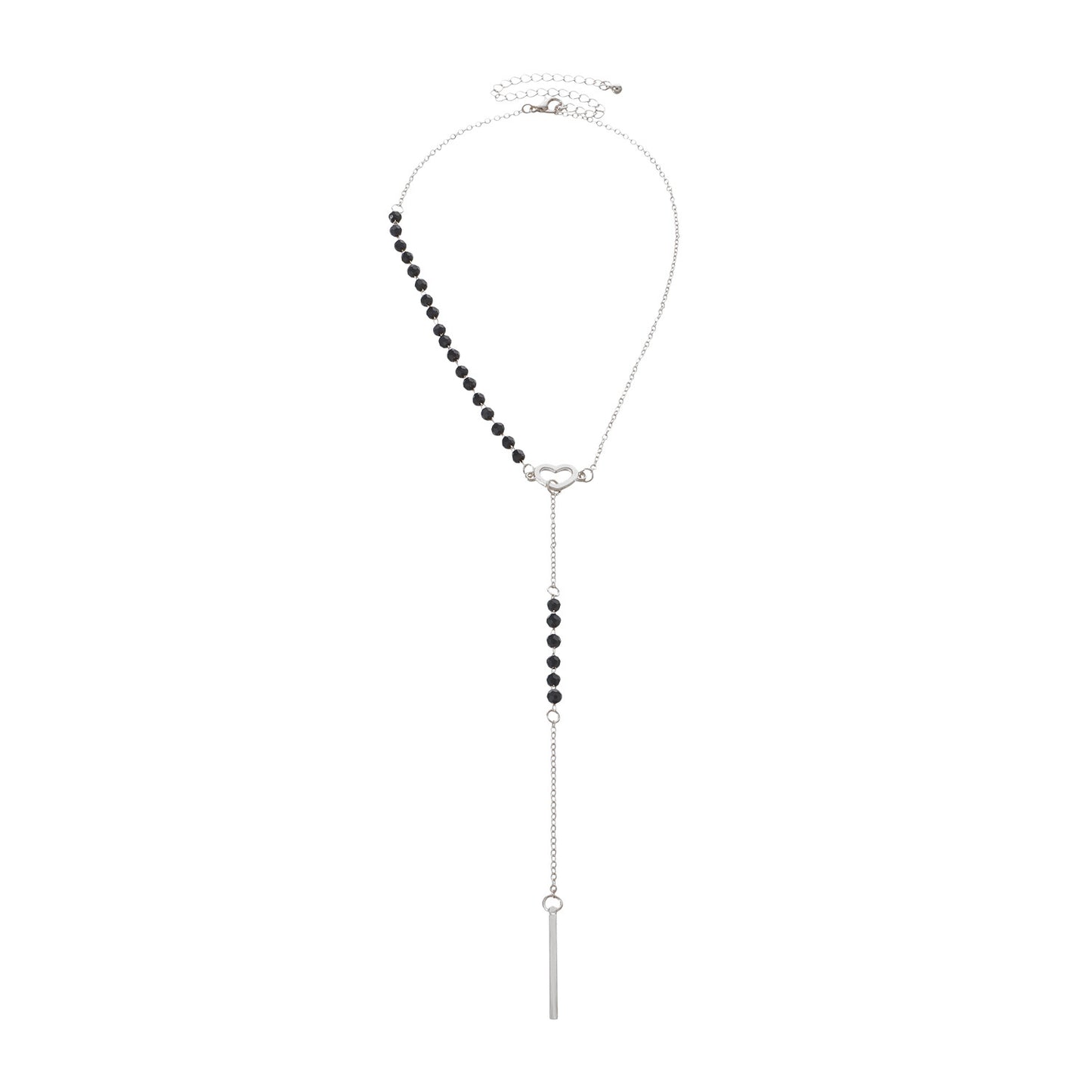 Elegante Collana Pendente da Donna a Tassello Lungo a Y con Ciondolo a Cuore e Catenina a Croce in Lega con Pietra Nera