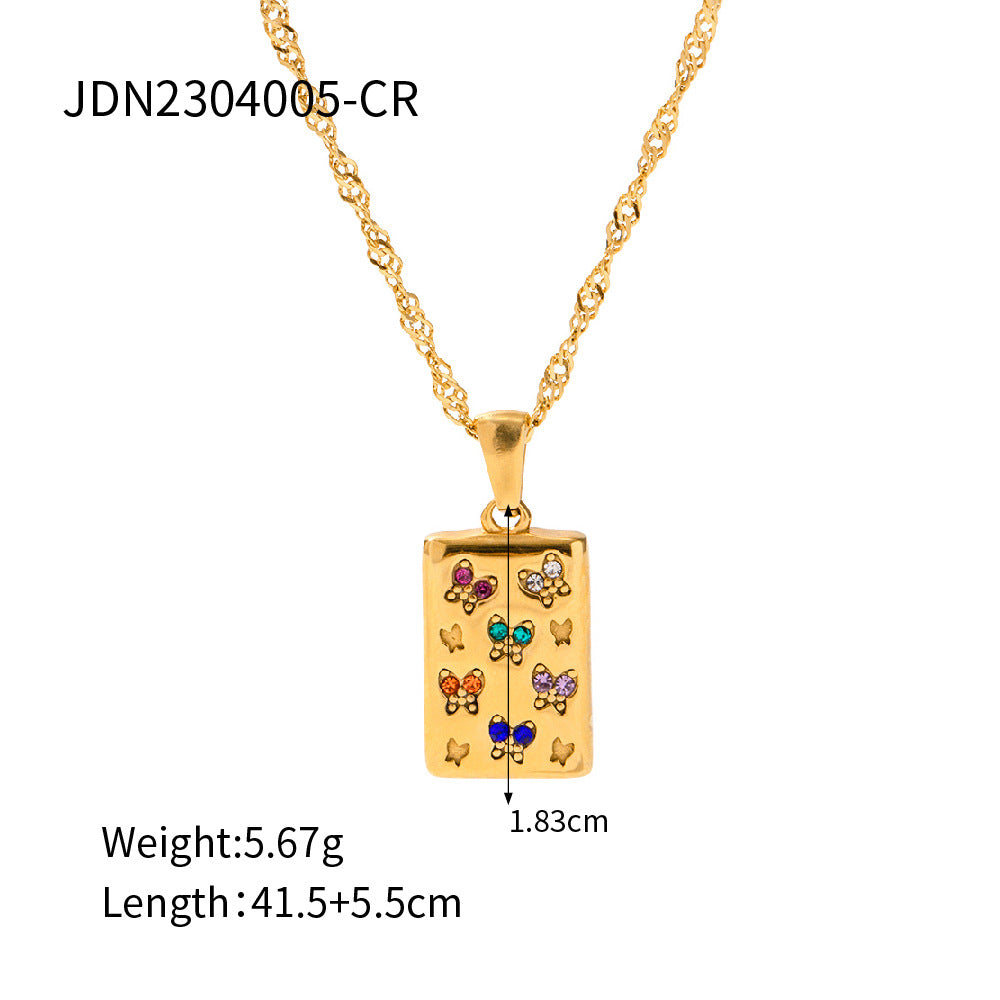 Collana con ciondolo quadrato a farfalla da donna vintage in acciaio inossidabile placcato oro 18 carati con strass bianchi