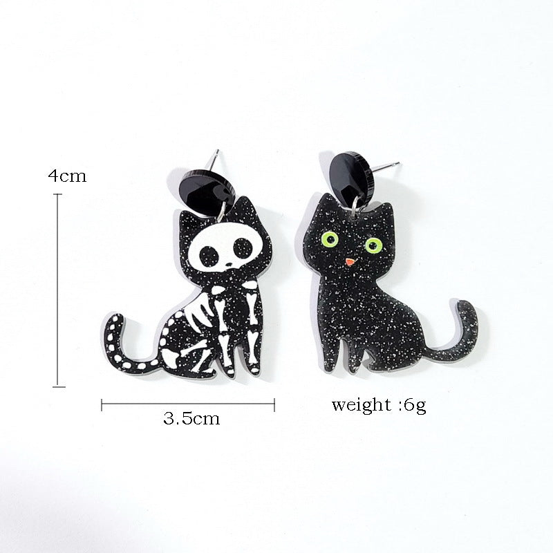 Pendientes de gato con temática de Halloween con ojos verdes y diseño de hueso Tachuelas acrílicas