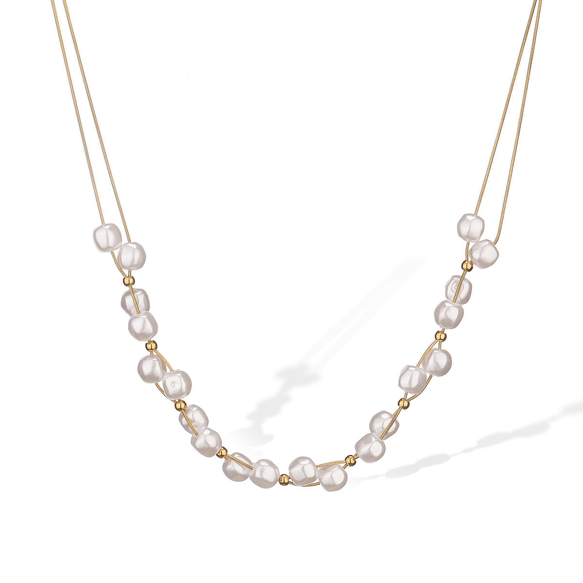 Elegant 18K Gold Plated Stainless Steel Geometric Double Layer Pearl Necklace for Women