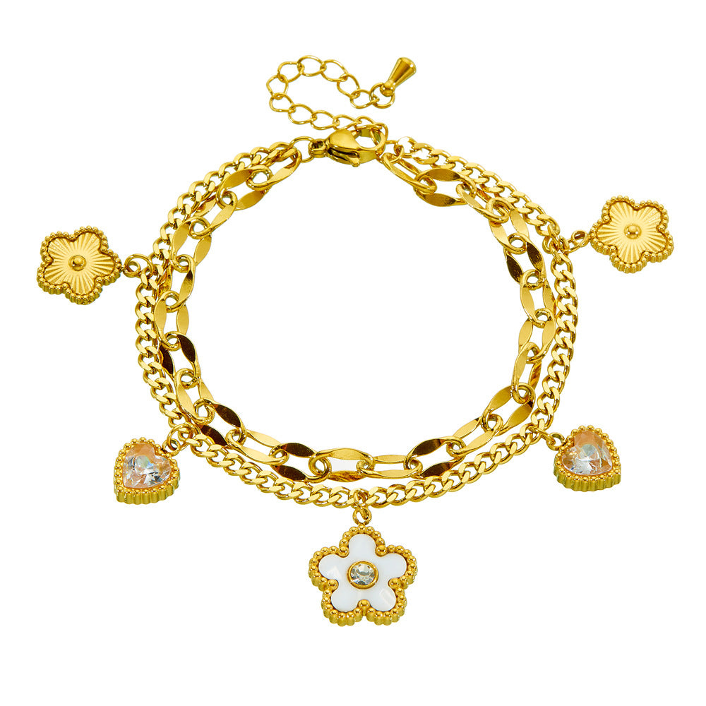 Minimalist Elegant Heart Floral Rhinestone White Pearl Plated Stainless Steel Double Layer Cable Chain Bracelet for Women