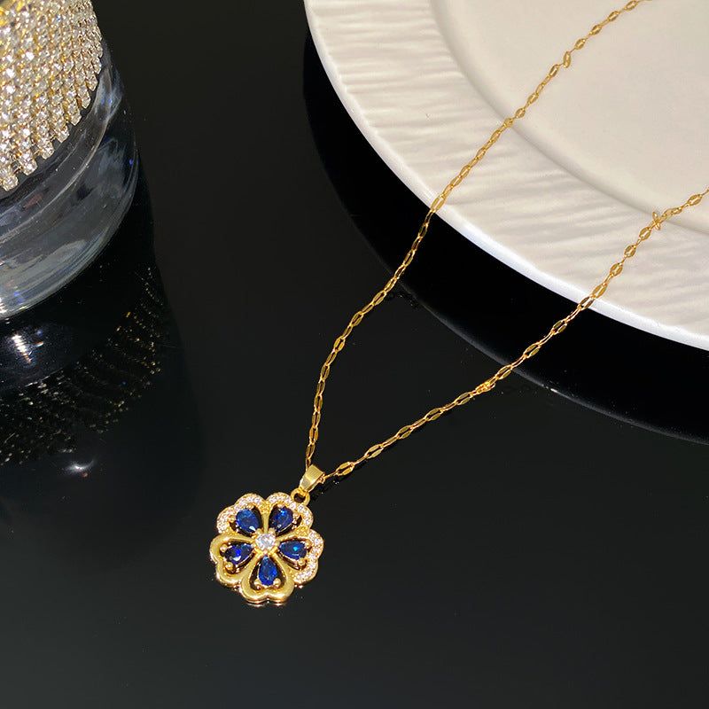 Luxury Floral Rhinestone Plated Titanium Steel Necklace with Brass Pendant for Unisex